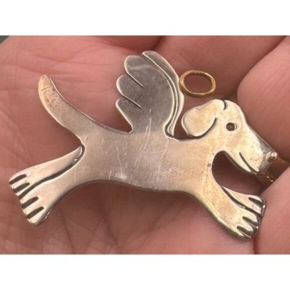 Anne Jane Harvey Flying Dog Sterling Silver Brooch Pendant with Angel Wings - Picture 1 of 3